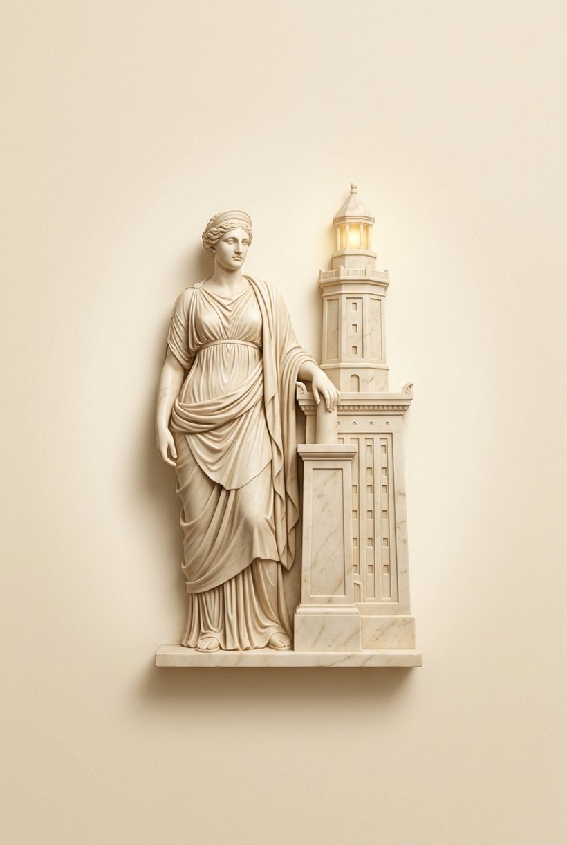 Pharos emblem — a classical figure beside the lighthouse of Alexandria