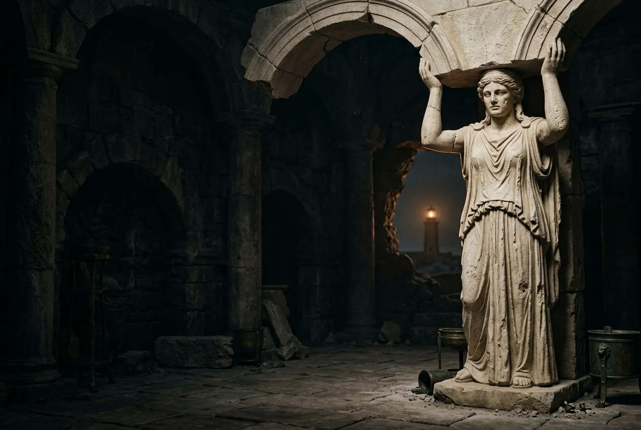 A weathered classical figure holding an arch with the Pharos beacon beyond