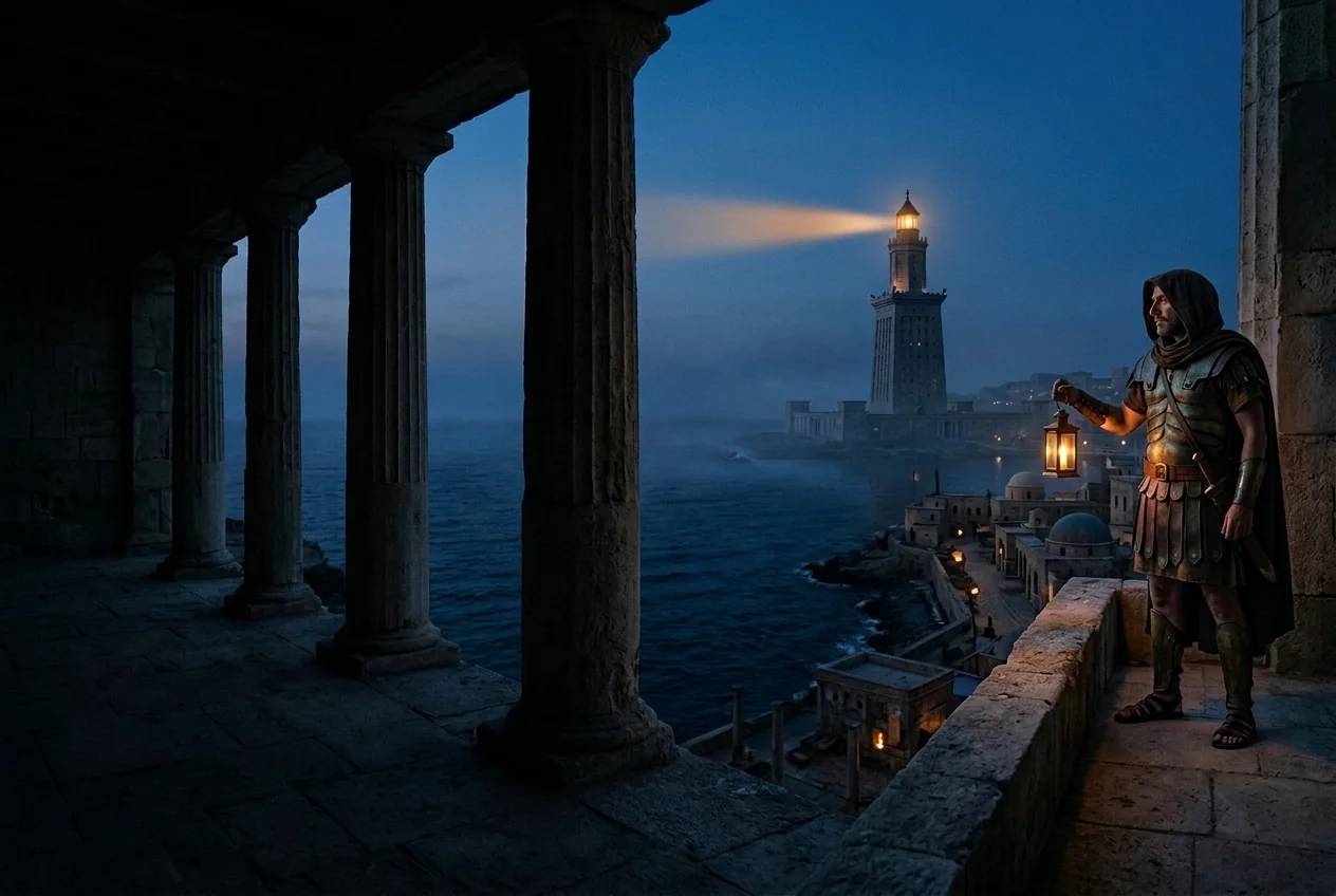 A lantern-bearing guide facing the Pharos lighthouse across a dark harbor