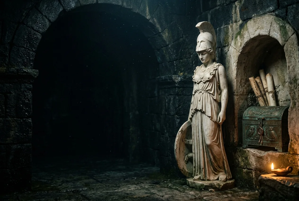 An ancient stone guardian protecting a sealed archive beneath the sea