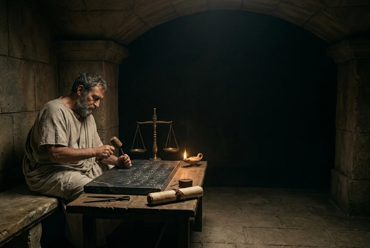 An ancient artisan carving a covenant beside balanced bronze scales
