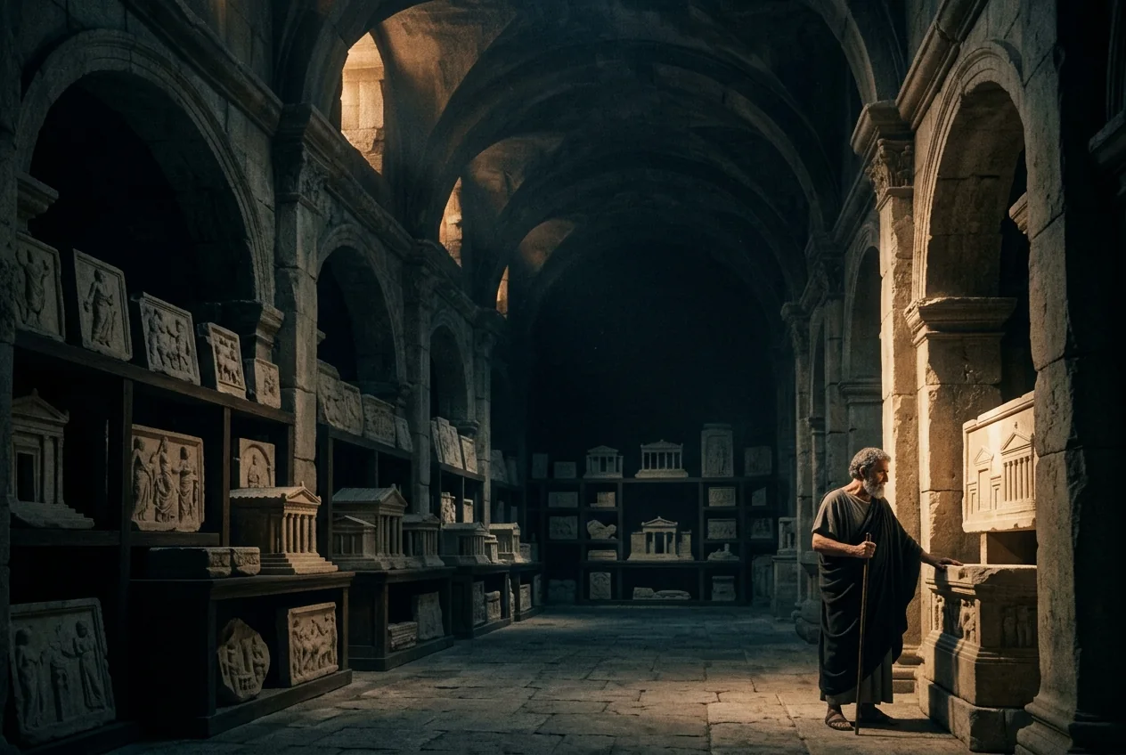 An ancient architect surveying a subterranean archive of completed works