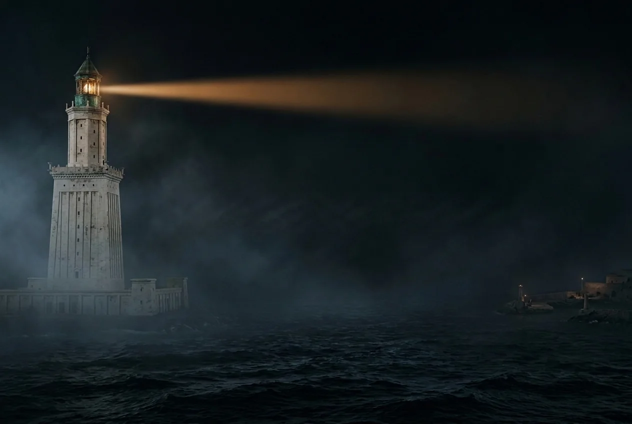 The Pharos lighthouse casting one focused amber beam through dark sea fog