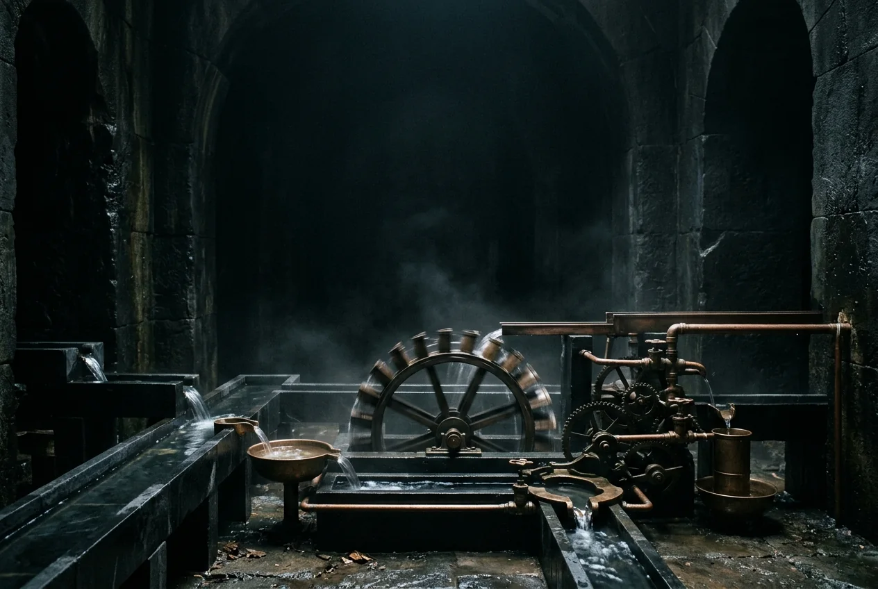 A precisely engineered ancient water clock running continuously in a dark chamber