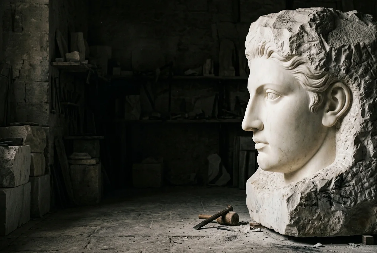 A refined ivory marble face emerging from one block of raw stone