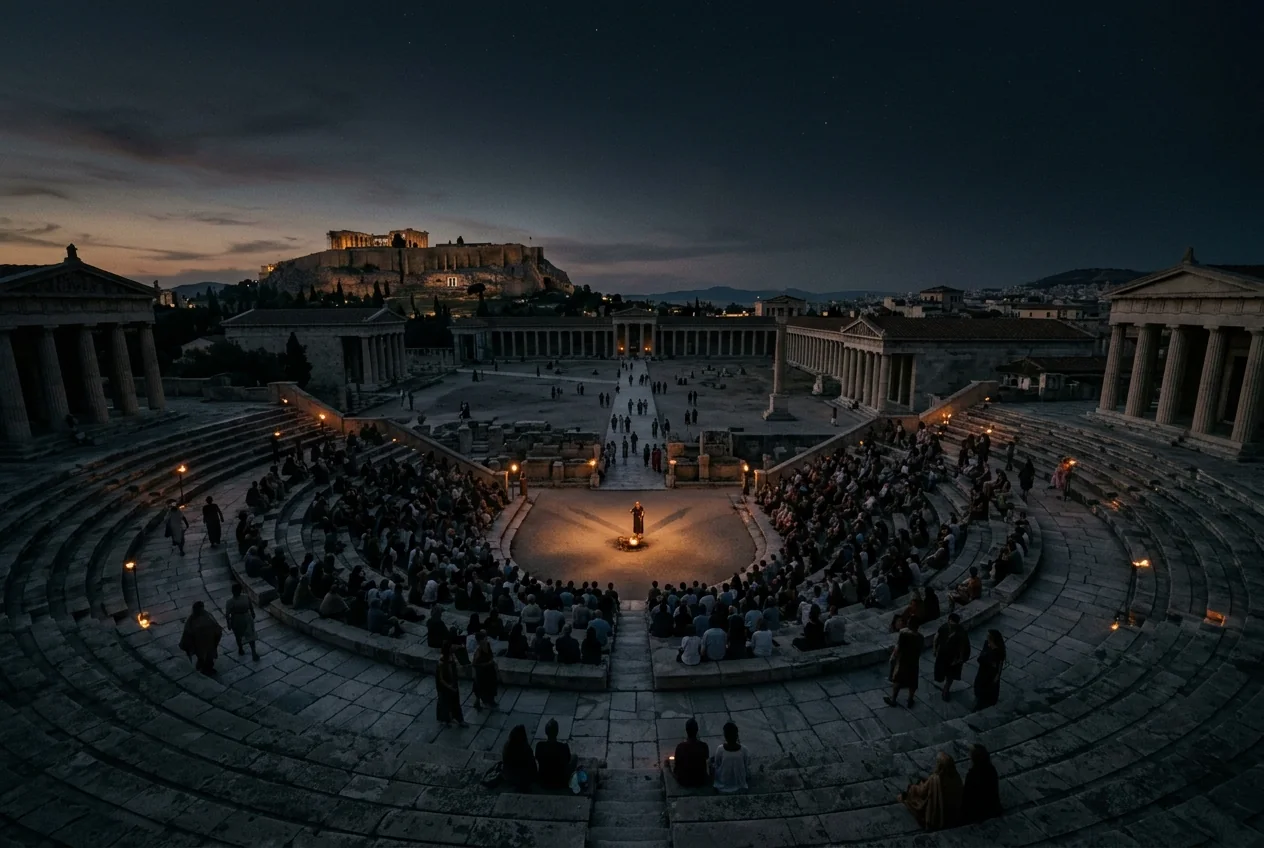 An ancient amphitheater gathering around one illuminated storyteller at dusk