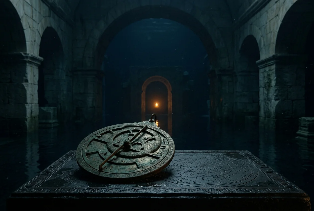 An ancient bronze astrolabe aligned toward a single beacon in a dark observatory
