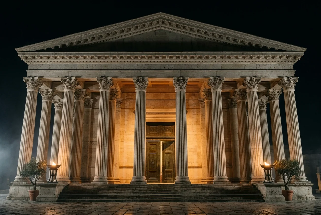 A monumental Alexandrian facade framing one clear, illuminated entrance